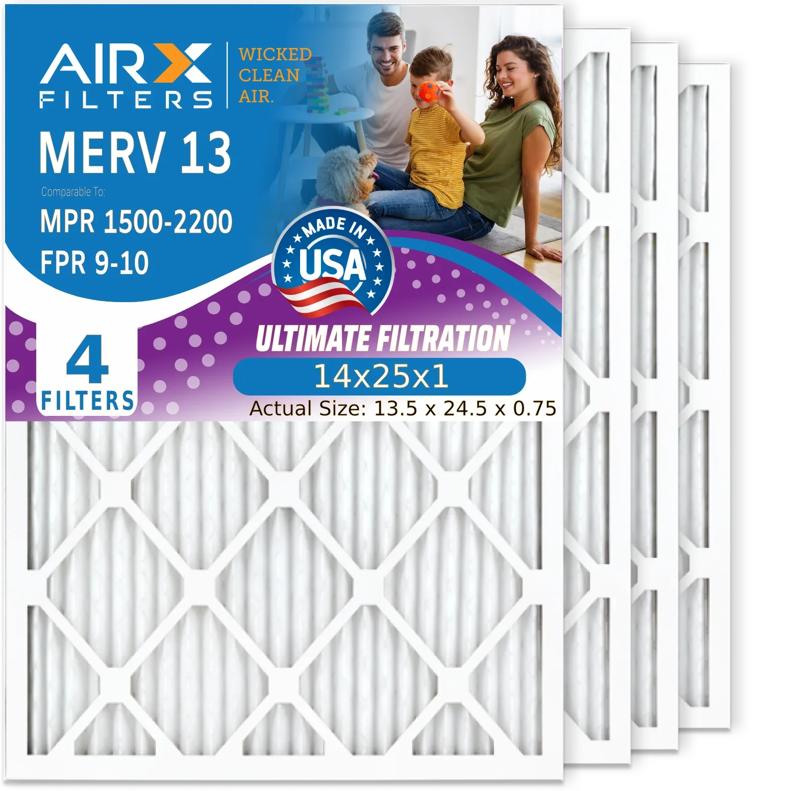 14x25x1 Air Filter MERV 13 Comparable to MPR 1500 - 2200 & FPR 9 Electrostatic Pleated Air Conditioner Filter 4 Pack HVAC AC Premium USA Made 14x25x1 Furnace Filters by AIRX FILTERS WICKED CLEAN AIR.
