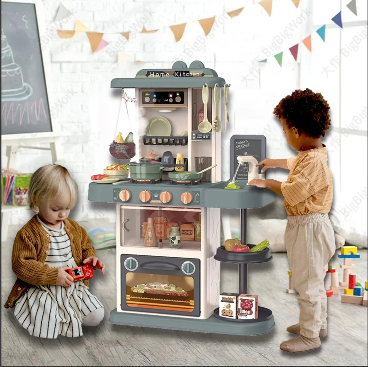 PayUSD 28.3" Kids Play Kitchen Playset for Toddlers with Realistic Sounds and Lights 43 Pcs Pretend Play Toy Set with Simulation of Spray Kids Kitchen Toys for Boys Girls Christmas Birthday, Green