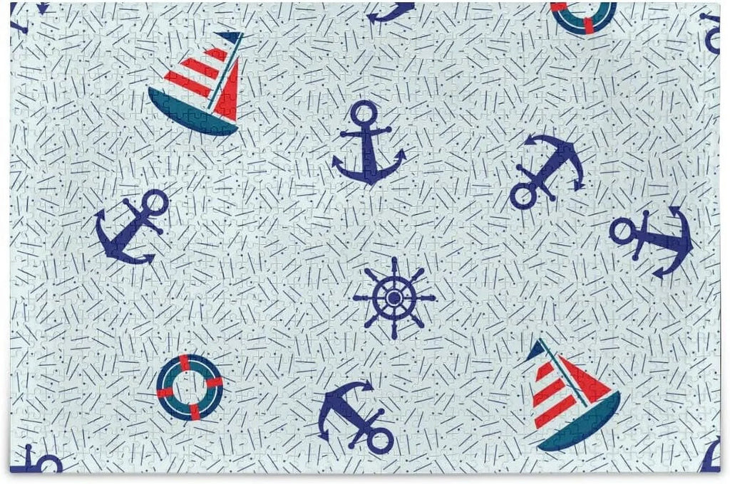 Wellsay Nautical Sailboat Anchor Steering Wheel and Lifebuoy Marine Sea Theme Decoration Jigsaw Puzzles 500 Pieces Puzzle for Adults Kids DIY Gift