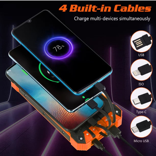 Solar Power Bank 20000mAh Built-in 4 Cables Qi Wireless Charger For Motorola Moto E6s (2020) with LED Flashlight Solar Portable External Battery IPX4 Waterproof 15W 5V/3A USB C Port 6 Outputs 3 Inputs