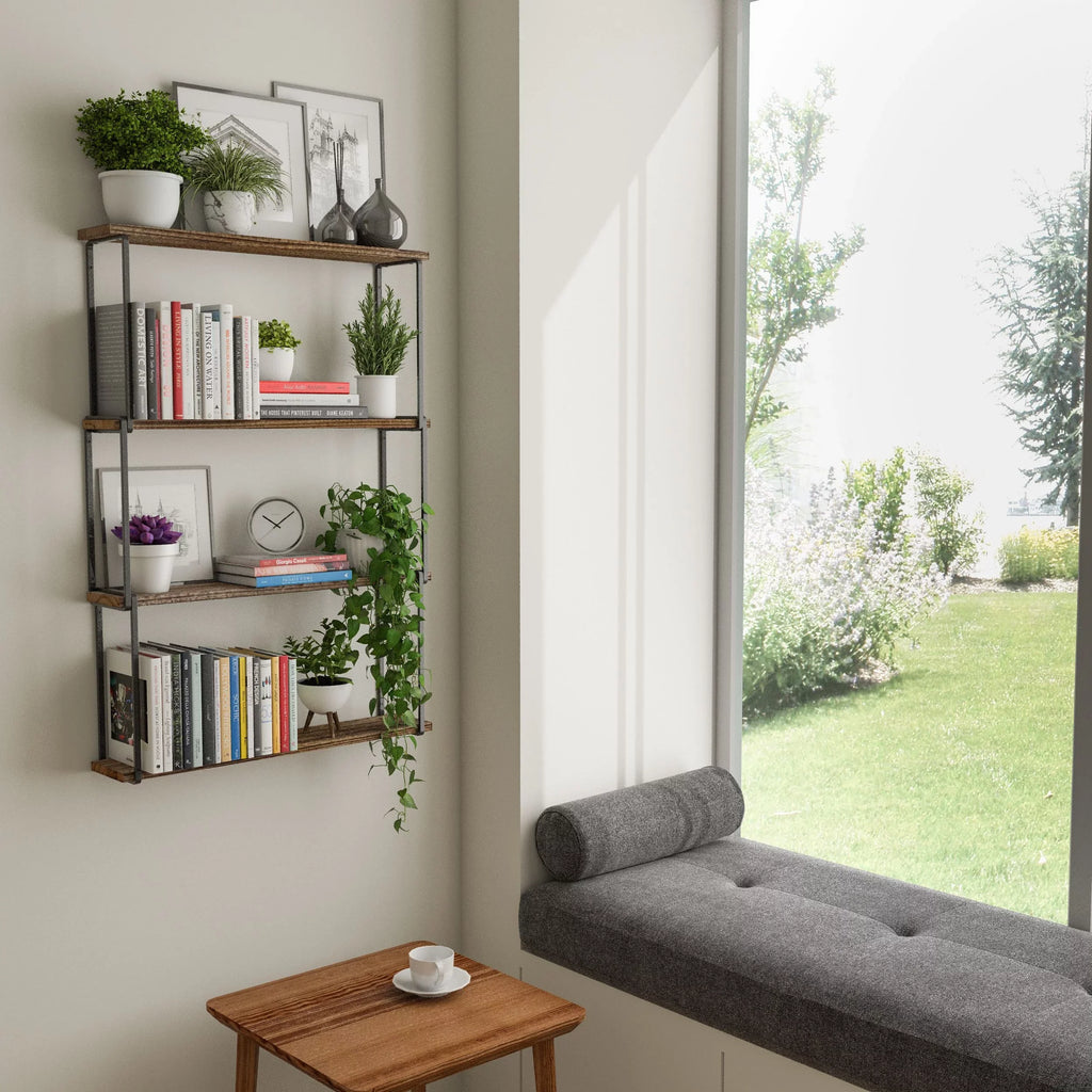 Wallniture Porto 4-Tier Floating Shelves Wall Storage for Kitchen Rustic Farmhouse Wood Bookcases Laundry Organizer, Natural Burned