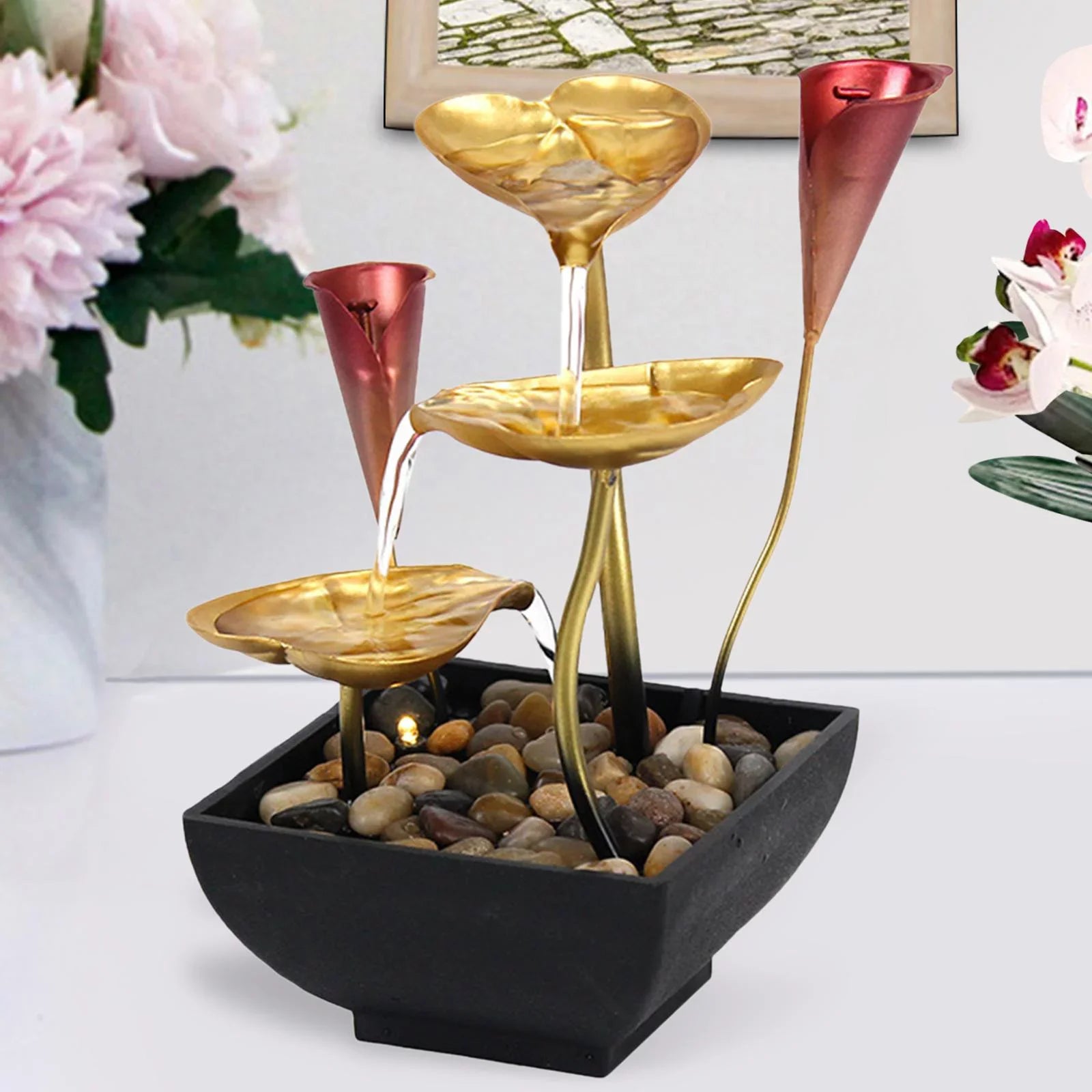 Tabletop Water Fountain Waterfall Warm Light with Circular Water LED Lighted Indoor Fountain for Decoration Home Garden Farmhouse