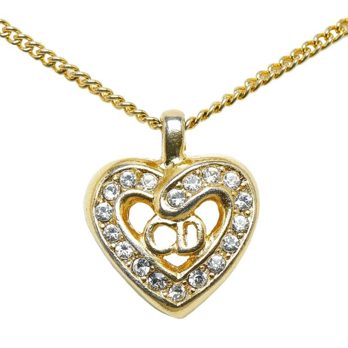 Pre-Owned Christian Dior Dior CD Heart Rhinestone Necklace Gold Plated Women's (Good)