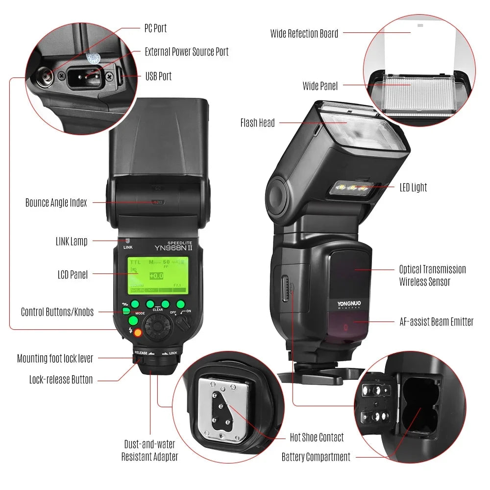 YONGNUO YN968N II Wireless TTL Speedlite Flash with Built-in 5600K LED Light - 1/8000s HSS for Nikon DSLR Cameras, Compatible with YN622N YN560 Wireless System