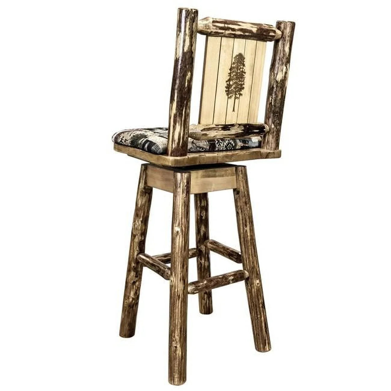 Glacier Country Barstool with Back & Swivel, Woodland Pattern Upholstery with Laser Engraved Pine Tree Design