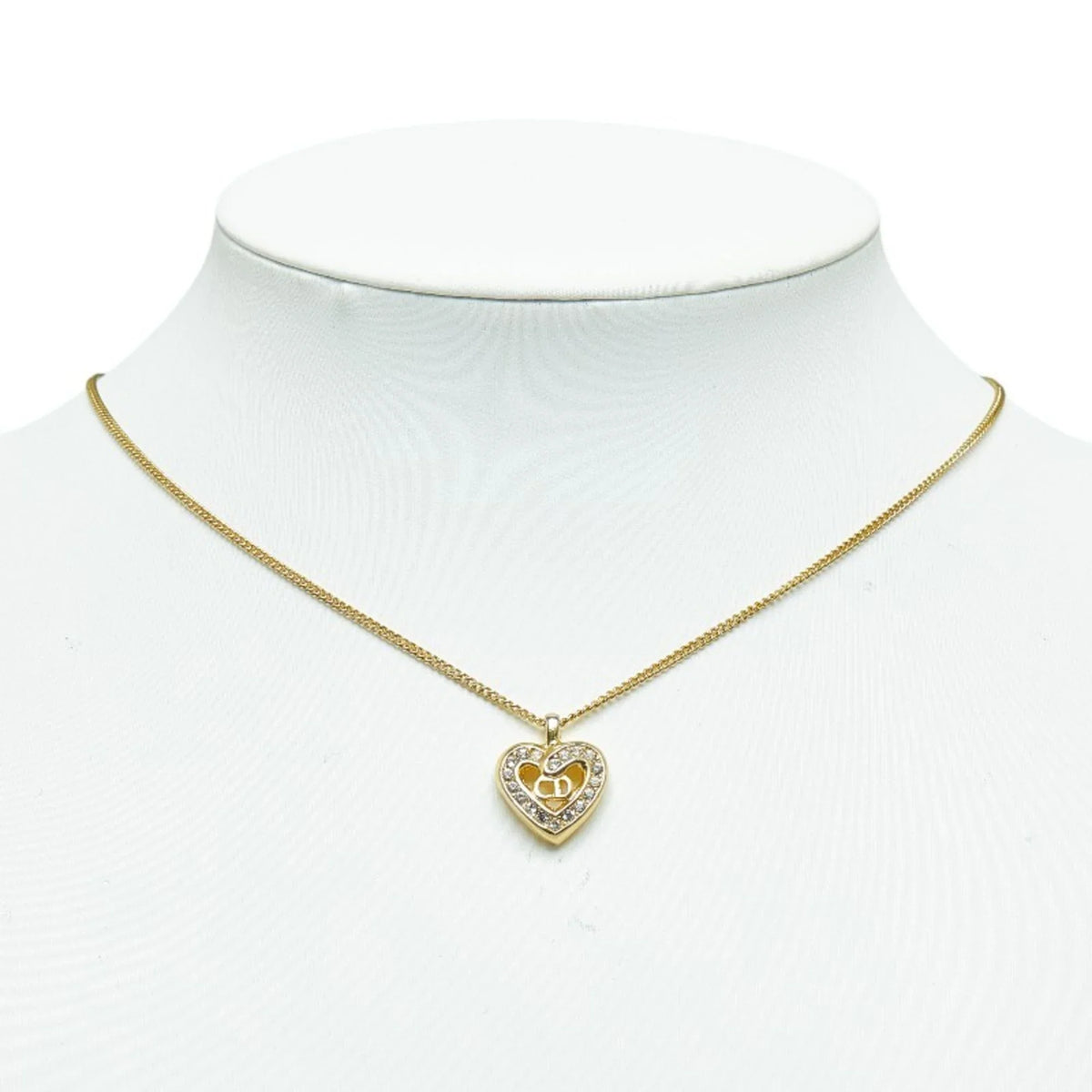 Pre-Owned Christian Dior Dior CD Heart Rhinestone Necklace Gold Plated Women's (Good)