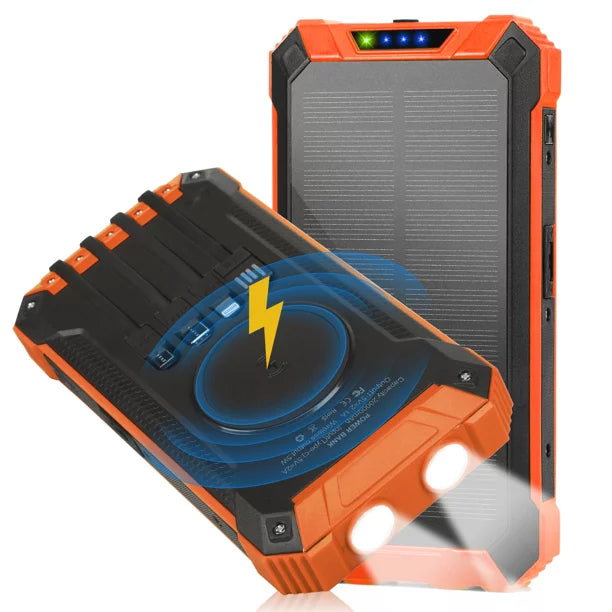 Solar Power Bank 20000mAh Built-in 4 Cables Qi Wireless Charger For Motorola Moto E6s (2020) with LED Flashlight Solar Portable External Battery IPX4 Waterproof 15W 5V/3A USB C Port 6 Outputs 3 Inputs