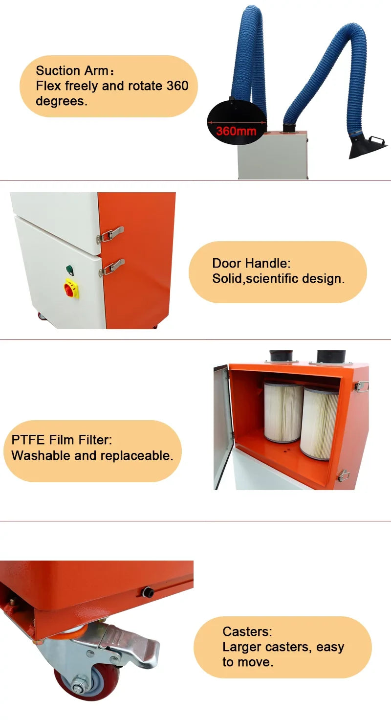 EQCOTWEA Mobile Welding Smoke Purifier Double Arm Welding Fume Smoke Dust Extractor 220V