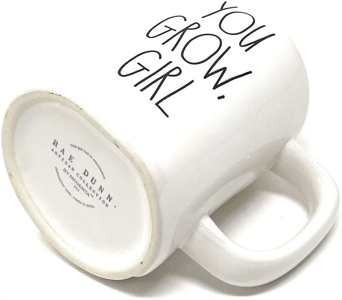 Rae Dunn  White YOU GROW GIRL Coffee Tea Double Sided Mug with Cactus Plant Icon on Back