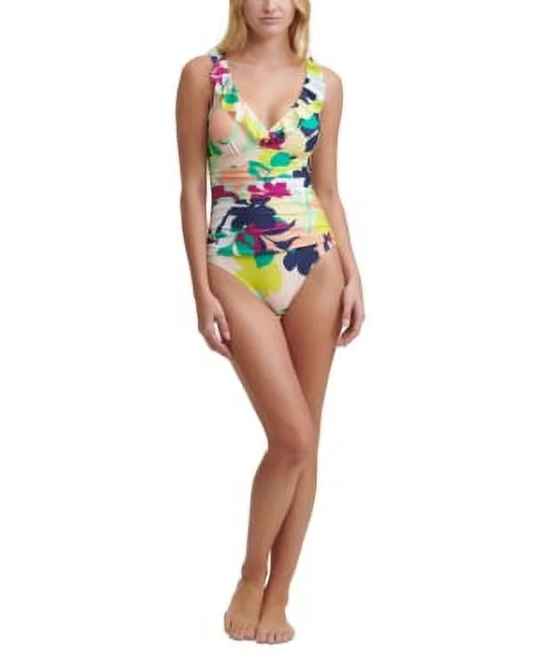DKNY NAVY MULTI Printed Ruffled One Piece Swimsuit, US 4