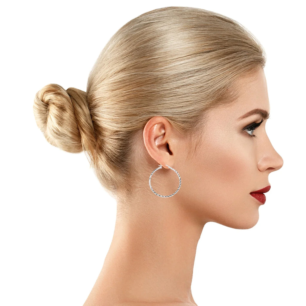 AVORA 925 Sterling Silver 40mm Diamond-Cut Hoop Earrings