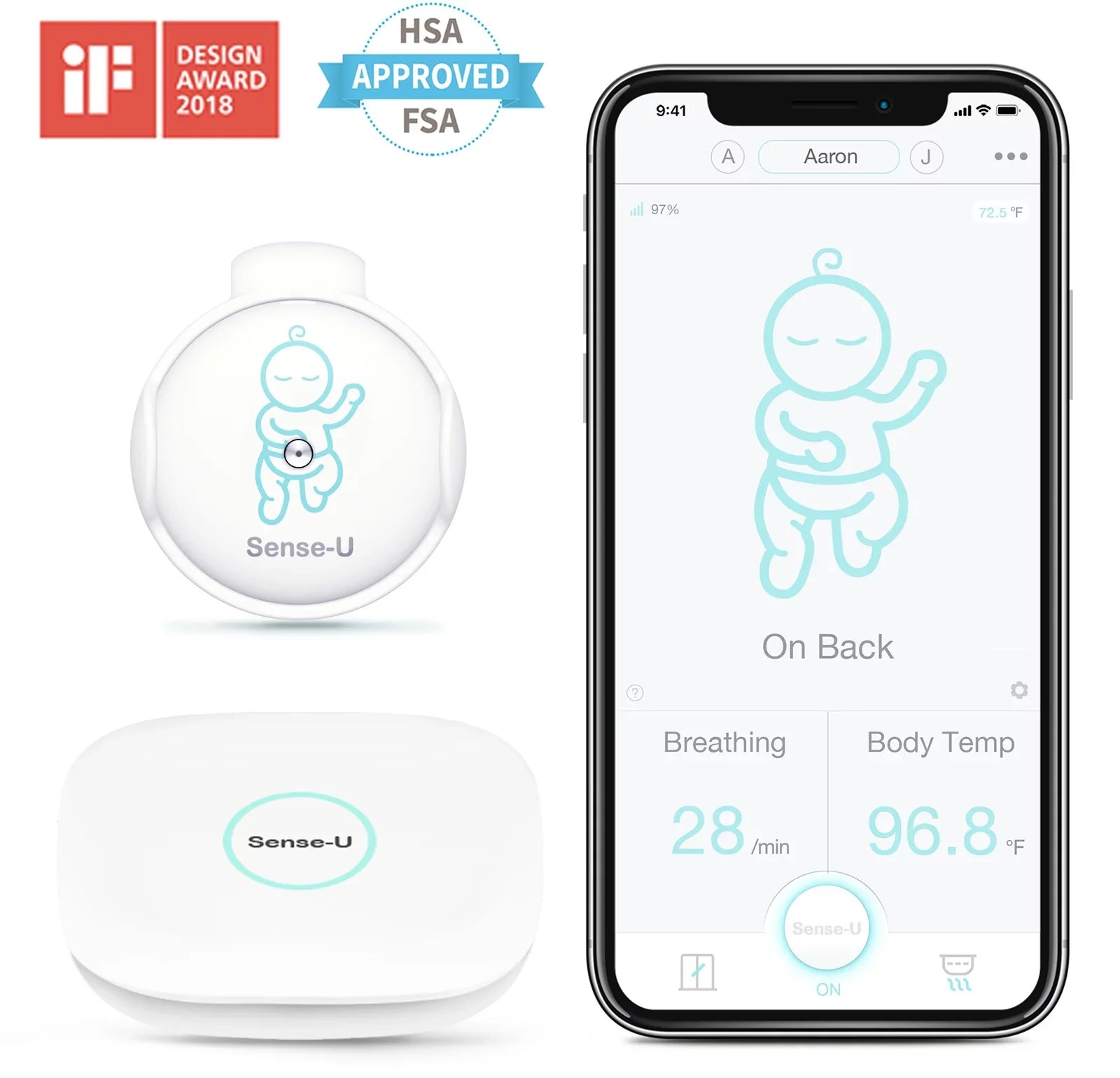 Sense-U Smart Baby Monitor 3+Camera, Audio, Video Baby Monitor That Notifies You for No Abdominal Movement, Rollover, High/Low Temperatures, Detected Motion, with Night Vision, 2-Way Talk, Long Range
