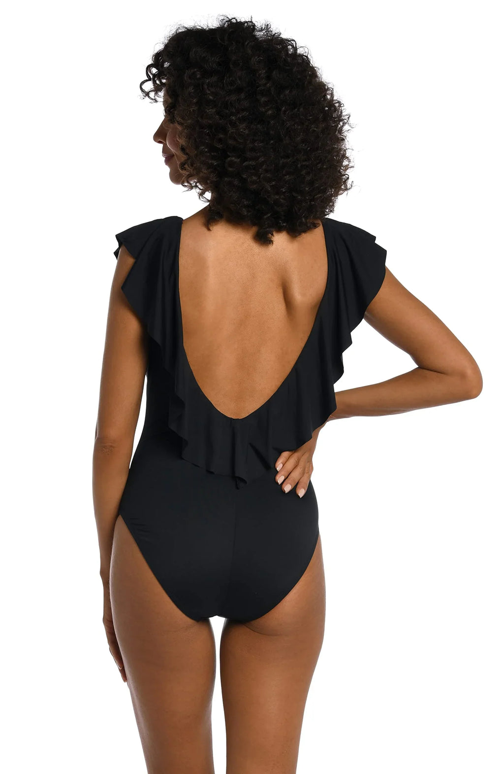 La Blanca Women's Island Goddess Over The Shoulder Ruffle Plunge One Piece, Black, 4