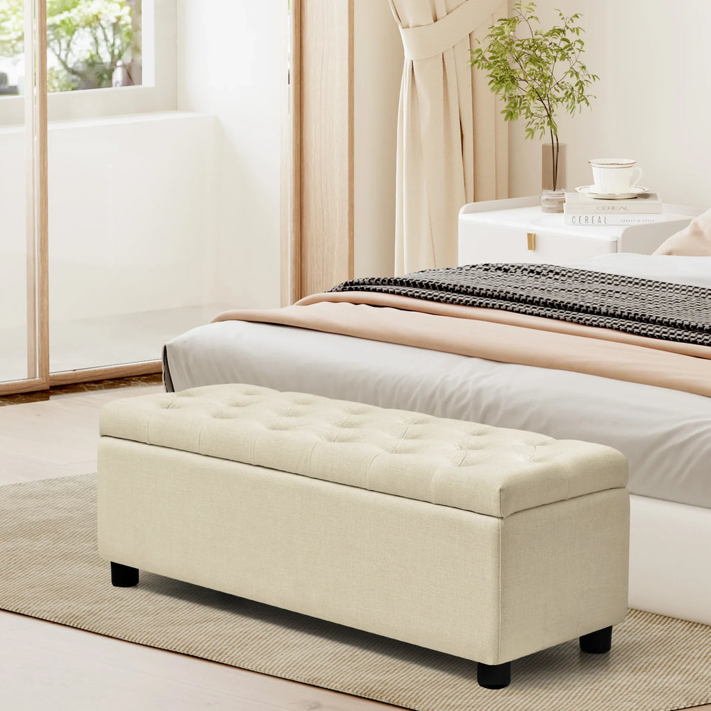 Subrtex Storage Ottoman Bench with Sturdy Plastic Legs with Foot Pads, 40.5" Linen Fabric Storage Bench End of Bed Stool for Bedroom, Beige