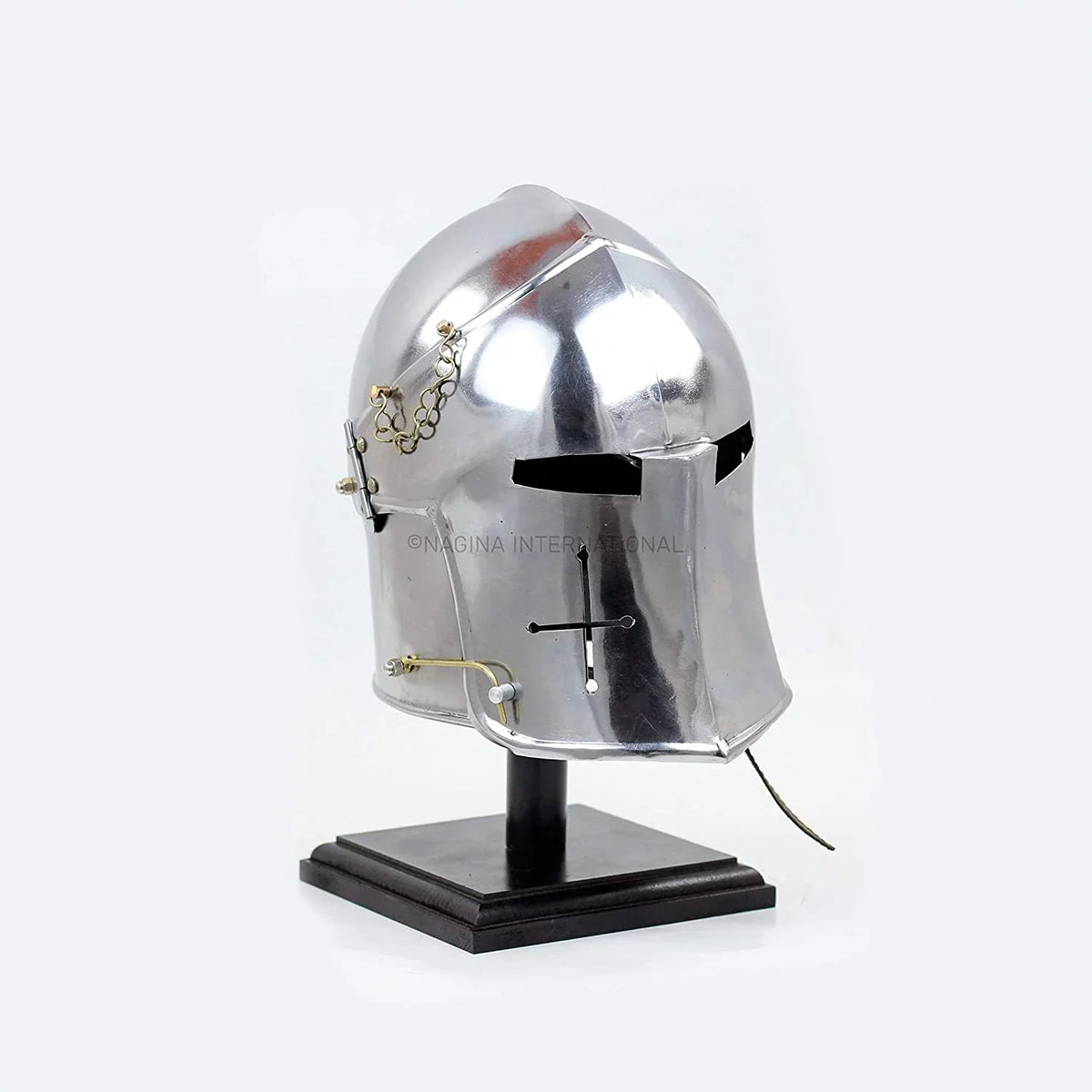 Nagina International Medieval Barbuta Visored Brushed Steel Knights Armory Templar Crusader's Helmet On Black Wooden Base | Props & Costumes Helm For Larpers
