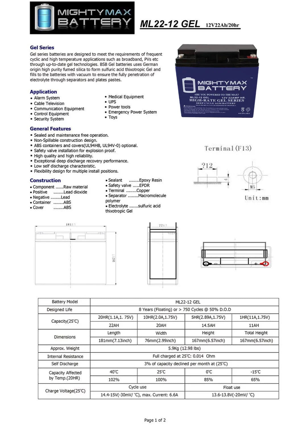 12V 22AH GEL Battery Replaces Rascal R200/R500 Series Scooter