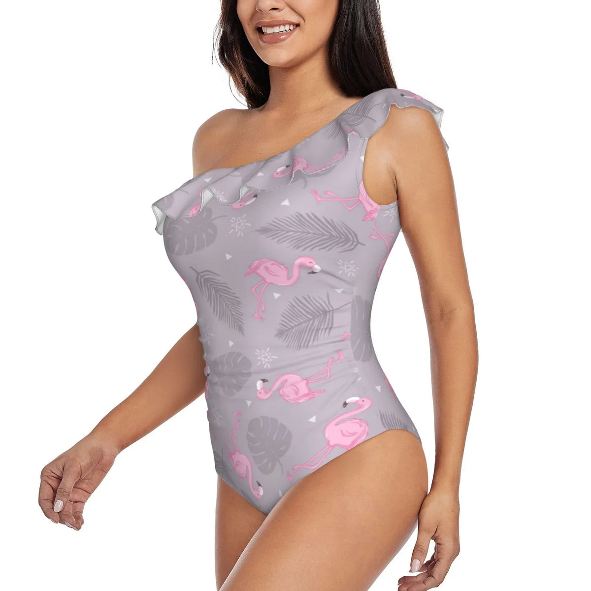 Coaee Pink Flamingo Women's One Piece Swimsuits One Shoulder Swimwear Asymmetric Ruffle Monokinis Bathing Suits - Small