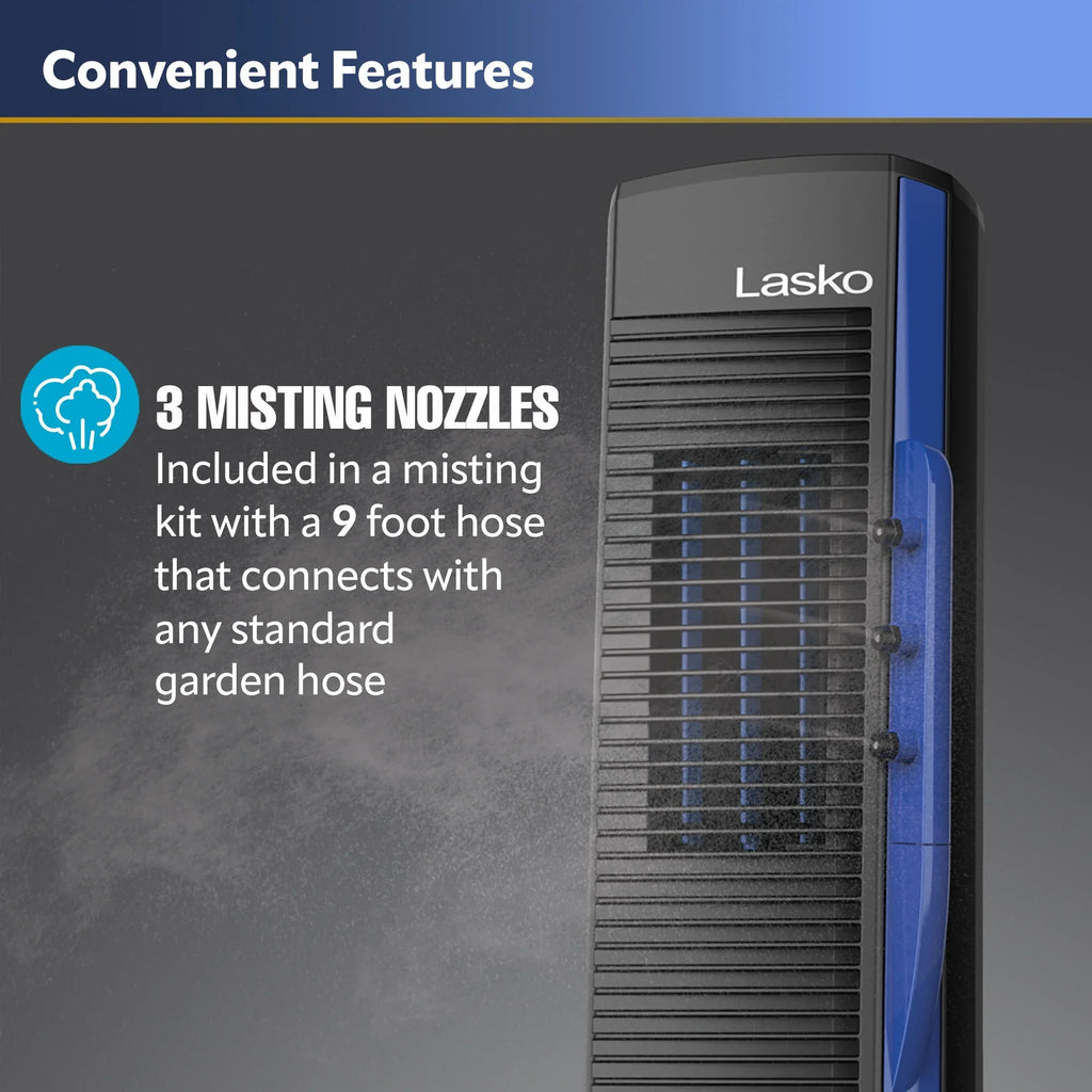 Lasko 42” Misto Outdoor Misting Tower Fan with 10 Foot Power Cord, 4 Speeds, YF300, Black