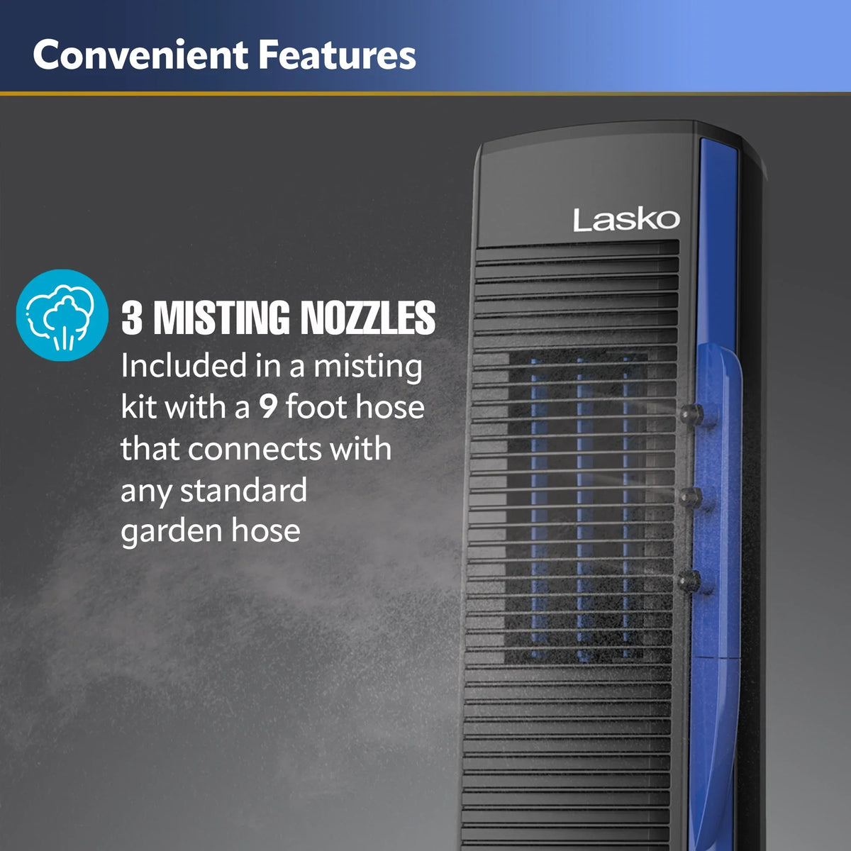 Lasko 42” Misto Outdoor Misting Tower Fan with 10 Foot Power Cord, 4 Speeds, YF300, Black