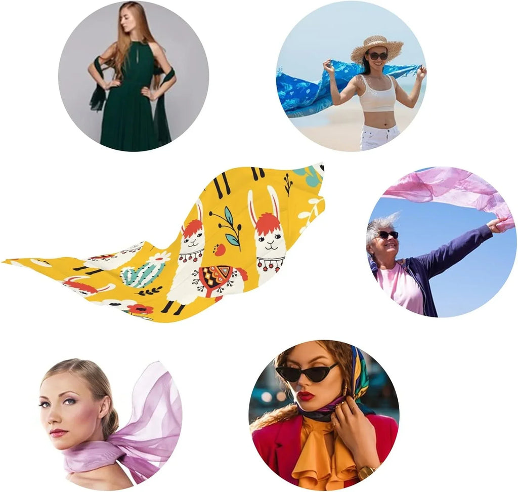 Hyjoy Lovely Llamas Flowers And Cacti Long Silk Neck Scarf Lightweight Shawl Wrap Scarves for Women Girls