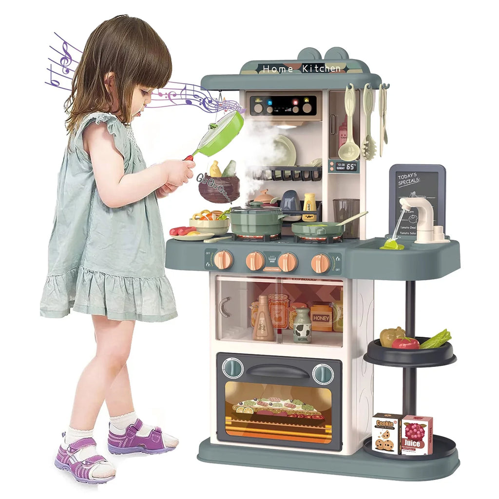 PayUSD 28.3" Kids Play Kitchen Playset for Toddlers with Realistic Sounds and Lights 43 Pcs Pretend Play Toy Set with Simulation of Spray Kids Kitchen Toys for Boys Girls Christmas Birthday, Green