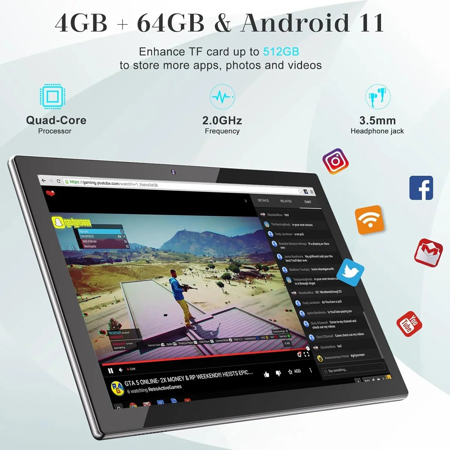 10.1 Inch Android 11 Tablet, Newest 2 in 1 Tablets, 4GB RAM+64GB ROM Quad-Core Processor, 1280*800 FHD Tableta with Keyboard/Mouse/Case/Stylus/Tempered Film, 8MP Dual Camera 6000mAh Battery 10" Tab PC