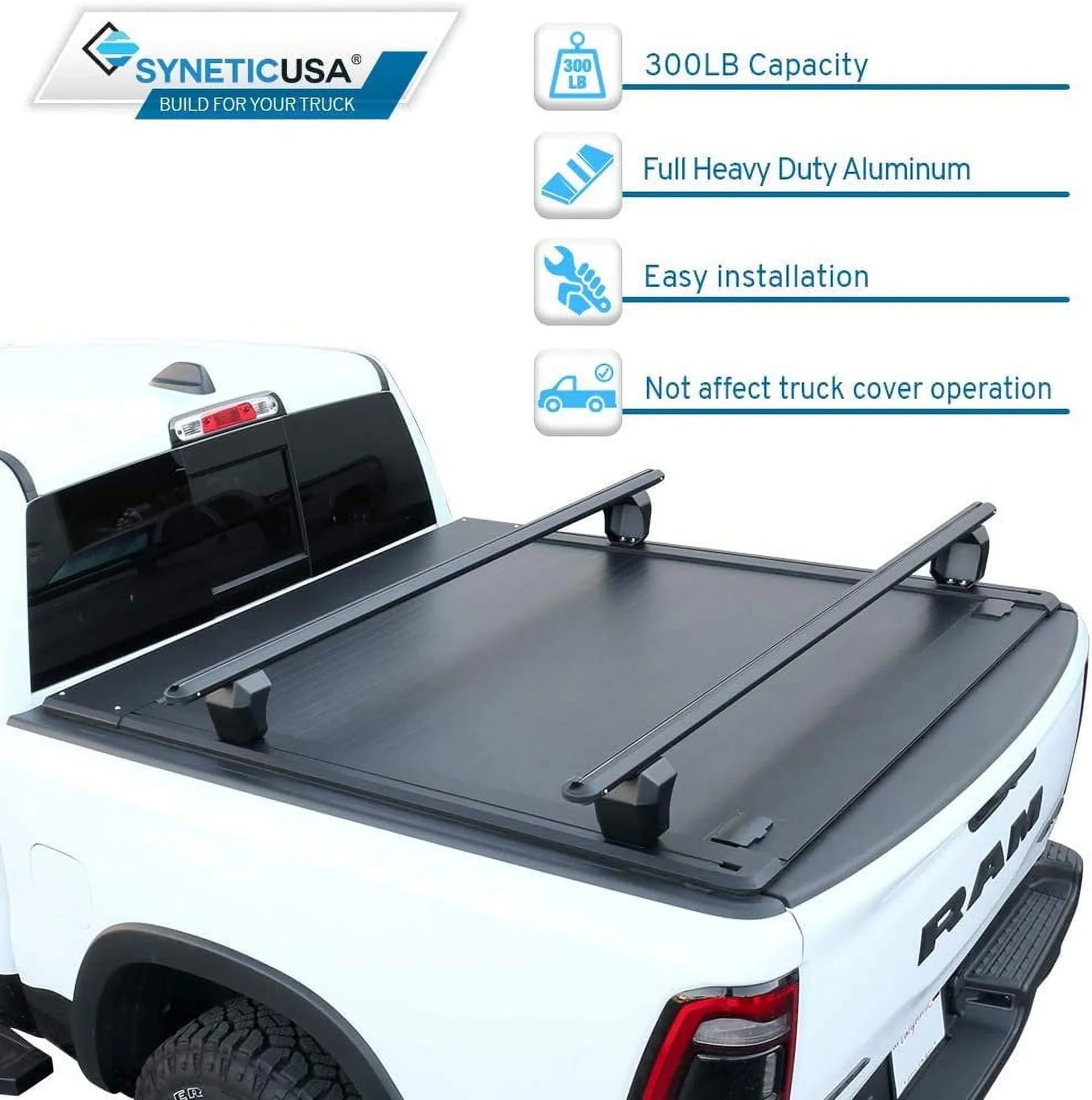 Syneticusa Retractable Hard Tonneau Cover with Cross Bars Fits 2019-2022 Ram 1500 5'7" (67.4”) Bed Matte Black Aluminum Low Profile Waterproof Off Road