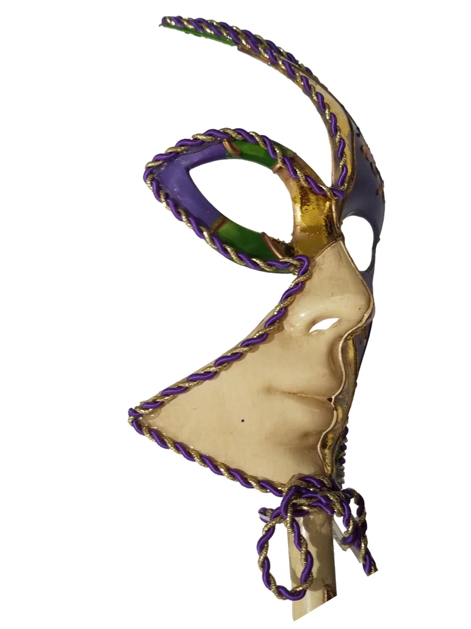 New Orleans Fleur De Lis Venetian Stick Mask Purple Green Gold Ladies