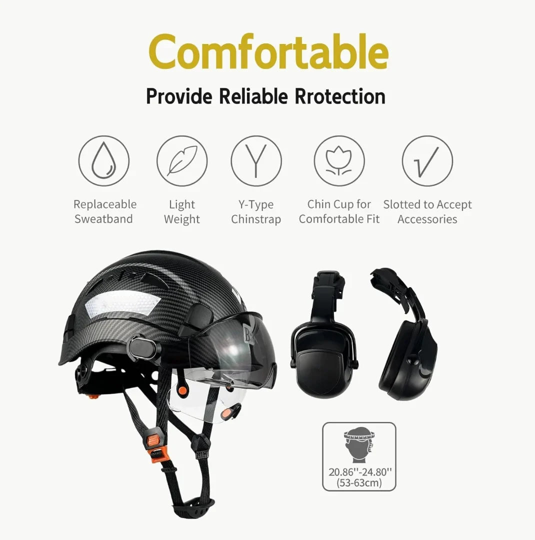 Industrial Safety Helmet with Visor Ear Muffs Hard Hat with Visor Vented OSHA Approved Hardhats Construction Work Head Protection Certified ANSI/ISEA Z89.1(Black)