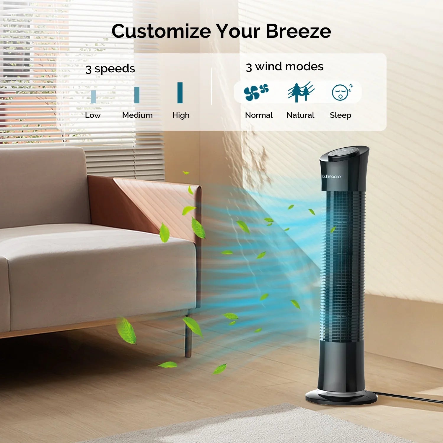 Dr. Prepare 30’’ Oscillation Tower Fan，Portable Stand Floor Fans w/Remote/3 Speeds/7.5h Timer for Home/Office