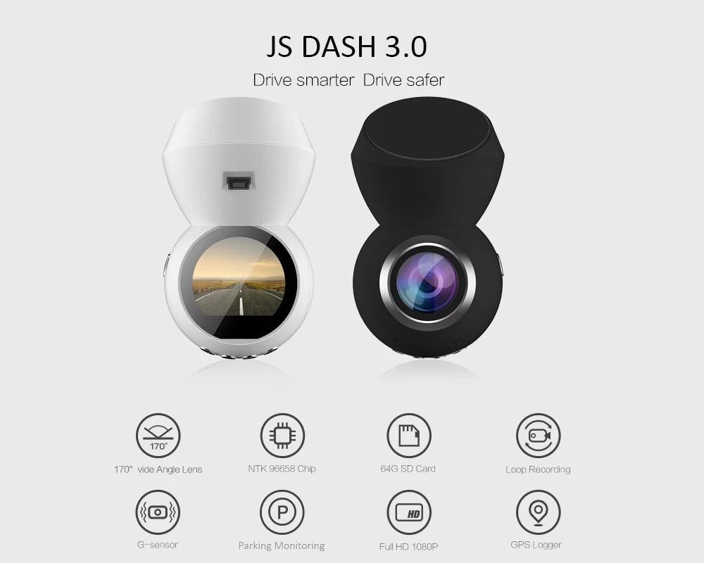 JS Dash 3.0 (BLACK) - Plug & Play Dash Cam- Full HD 1080p Dashcam w/ Parking Monitor & 1.22" LED Screen & GPS *NEW & IMPROVED*