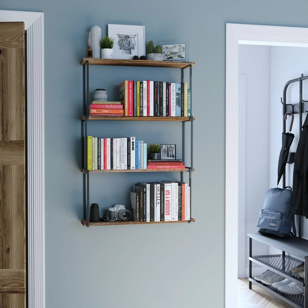 Wallniture Porto 4-Tier Floating Shelves Wall Storage for Kitchen Rustic Farmhouse Wood Bookcases Laundry Organizer, Natural Burned