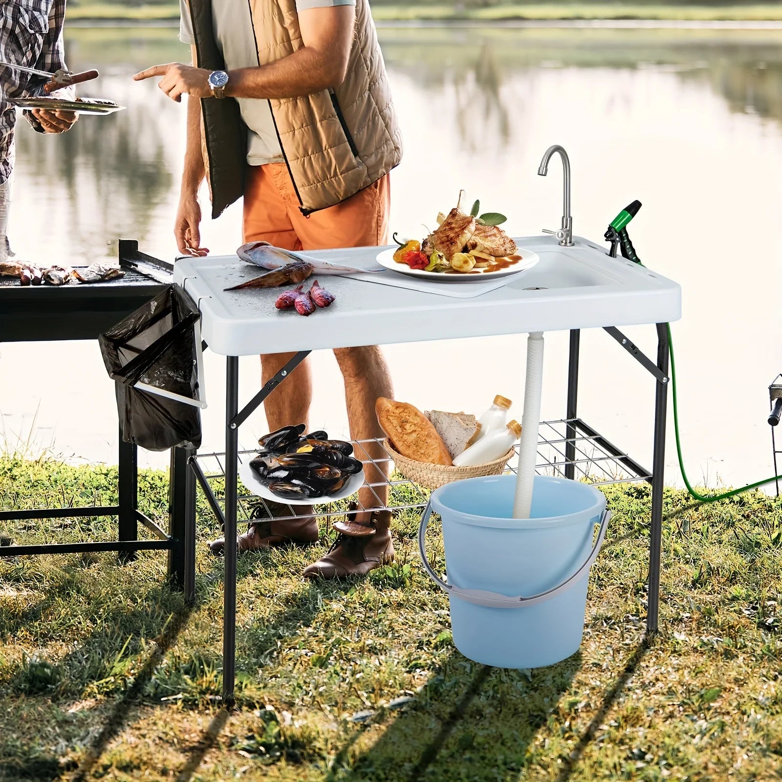 Folding Fish Cleaning Table, Portable Camping Table W/ Faucet Hose Grid Rack