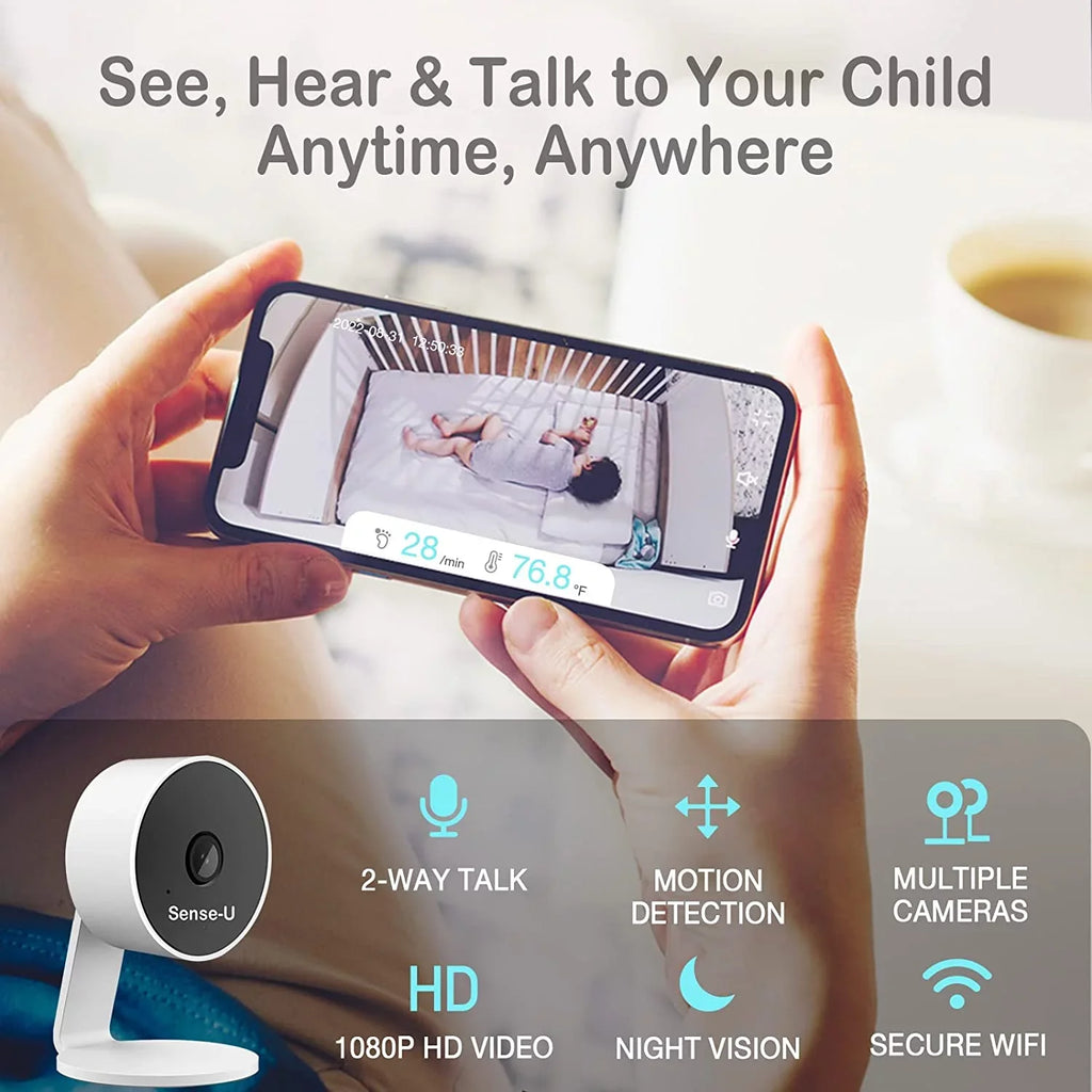 Sense-U Smart Baby Monitor 3+Camera, Audio, Video Baby Monitor That Notifies You for No Abdominal Movement, Rollover, High/Low Temperatures, Detected Motion, with Night Vision, 2-Way Talk, Long Range