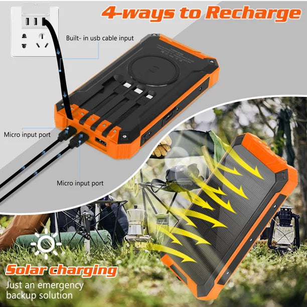 Solar Power Bank 20000mAh Built-in 4 Cables Qi Wireless Charger For Motorola Moto E6s (2020) with LED Flashlight Solar Portable External Battery IPX4 Waterproof 15W 5V/3A USB C Port 6 Outputs 3 Inputs