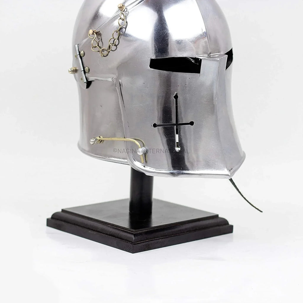 Nagina International Medieval Barbuta Visored Brushed Steel Knights Armory Templar Crusader's Helmet On Black Wooden Base | Props & Costumes Helm For Larpers