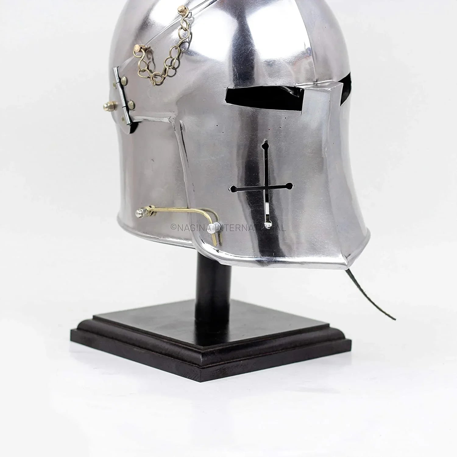 Nagina International Medieval Barbuta Visored Brushed Steel Knights Armory Templar Crusader's Helmet On Black Wooden Base | Props & Costumes Helm For Larpers