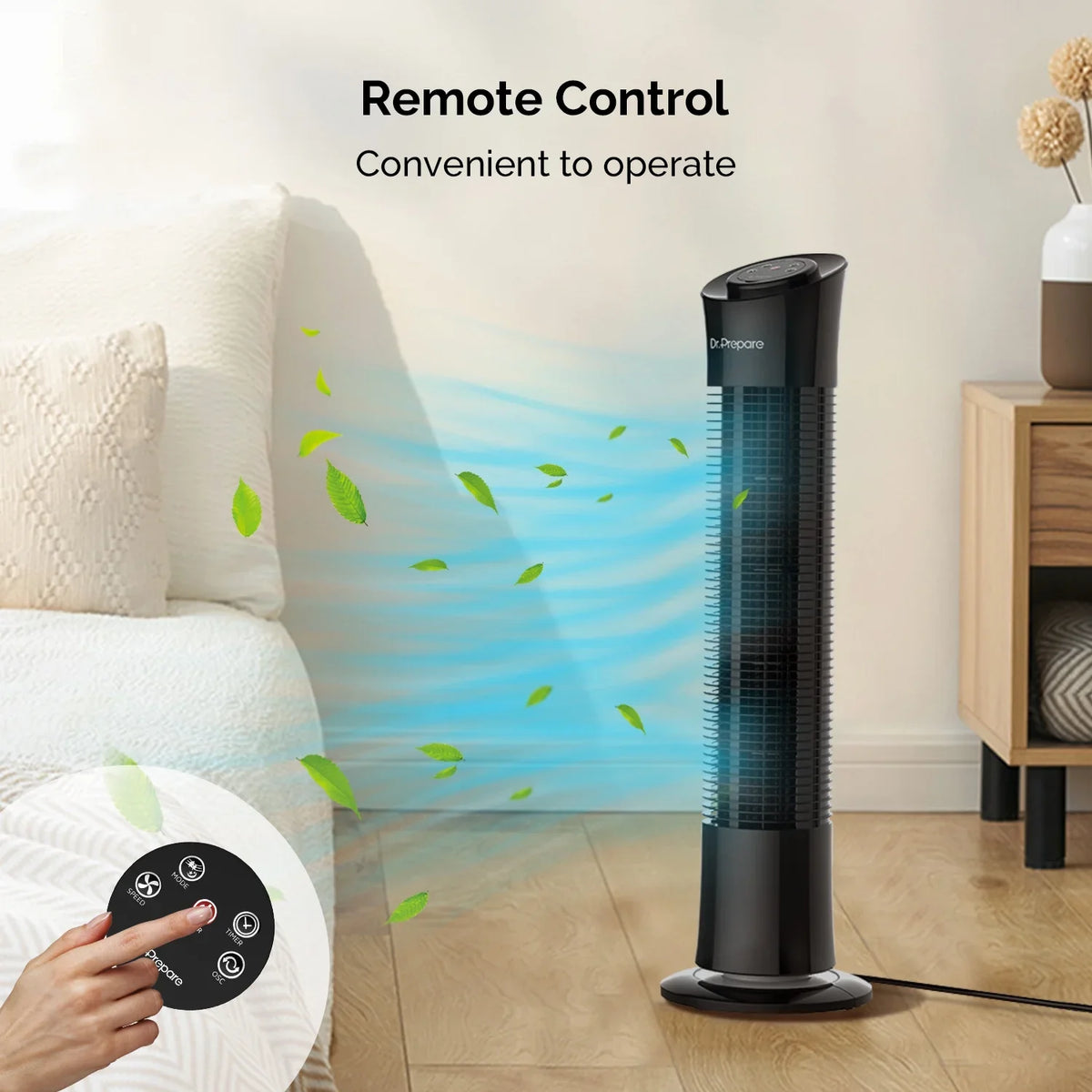 Dr. Prepare 30’’ Oscillation Tower Fan，Portable Stand Floor Fans w/Remote/3 Speeds/7.5h Timer for Home/Office