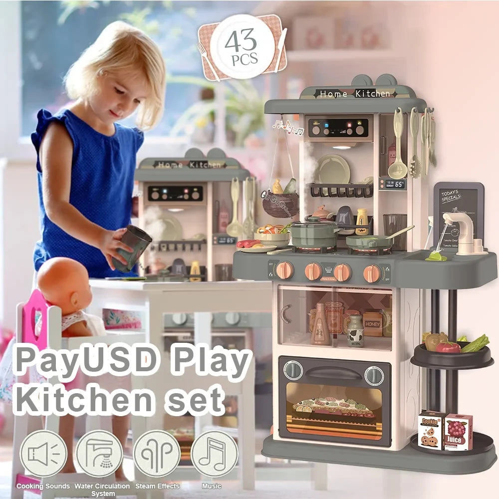 PayUSD 28.3" Kids Play Kitchen Playset for Toddlers with Realistic Sounds and Lights 43 Pcs Pretend Play Toy Set with Simulation of Spray Kids Kitchen Toys for Boys Girls Christmas Birthday, Green