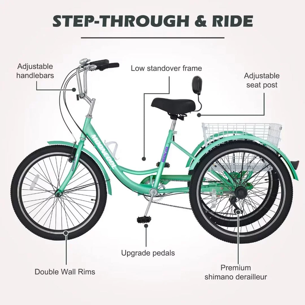 NAIZEA 20" Adult Tricycle, 7 Speed Cruise Trike with Large Basket for Men, Women, Seniors, 3 Wheel Bikes for Exercise Shopping Picnic Outdoor Activities