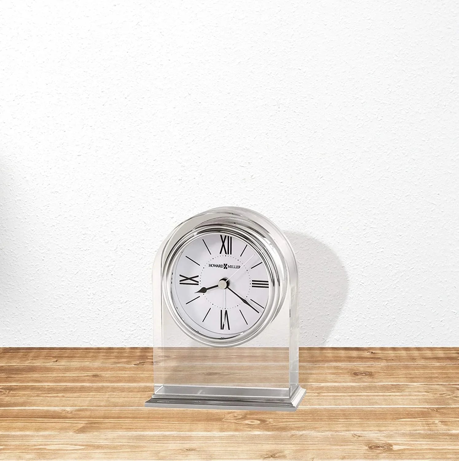 Optica Table Clock 645-757 – Crystal Arch, Brushed/Polished Aluminum Base, Silver-Tone Waterfall Bezel, Felt Bottom, Quartz Alarm Movement