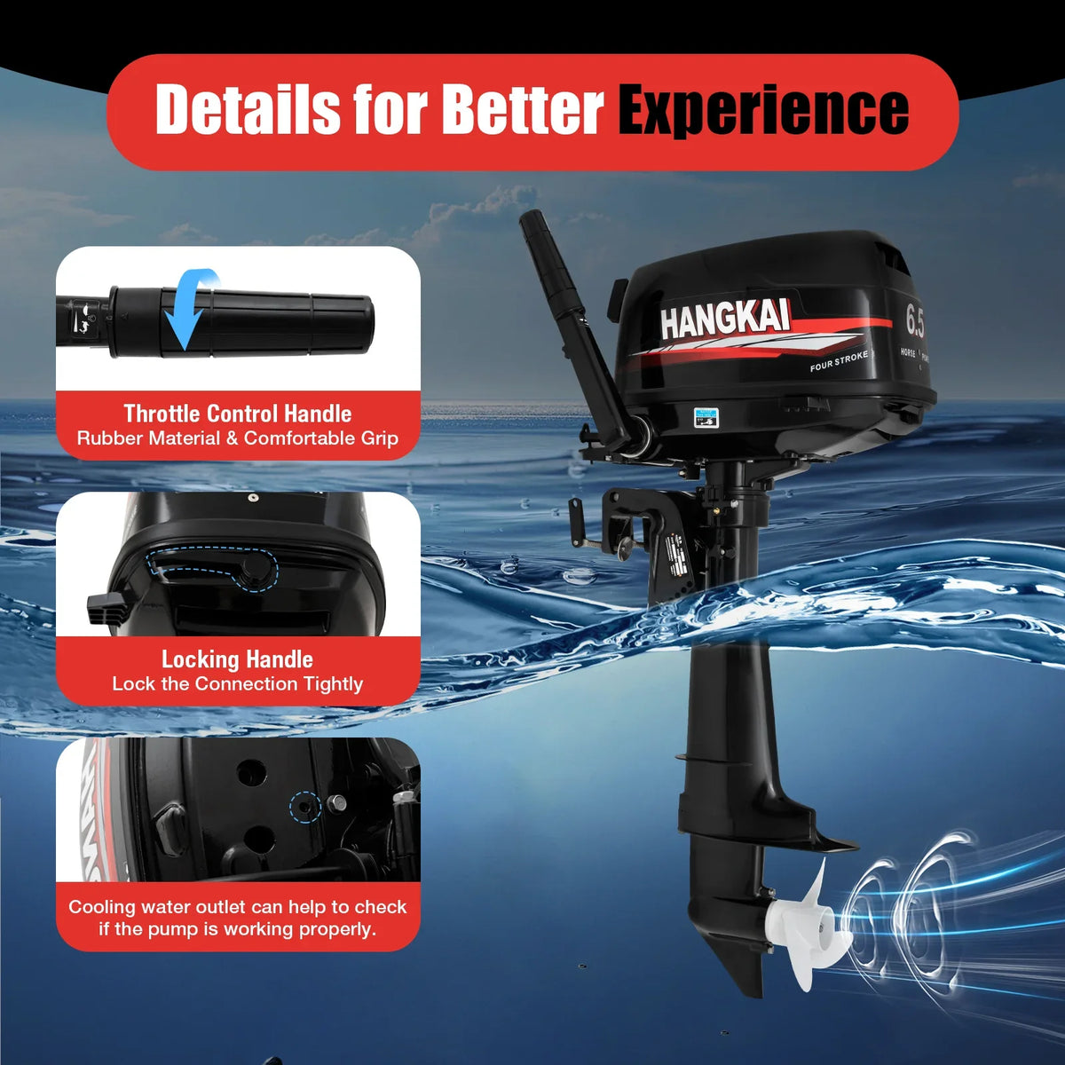 Anqidi 6.5HP 4 Stroke Outboard Motor 123CC Heavy Duty Boat Engine with Single Cylinder Water Cooling System & CDI Ignition Tiller Control Max 6000r/min