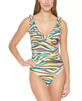 DKNY MULTI Printed Ruffled Tummy-Control One-Piece Swimsuit, US 10