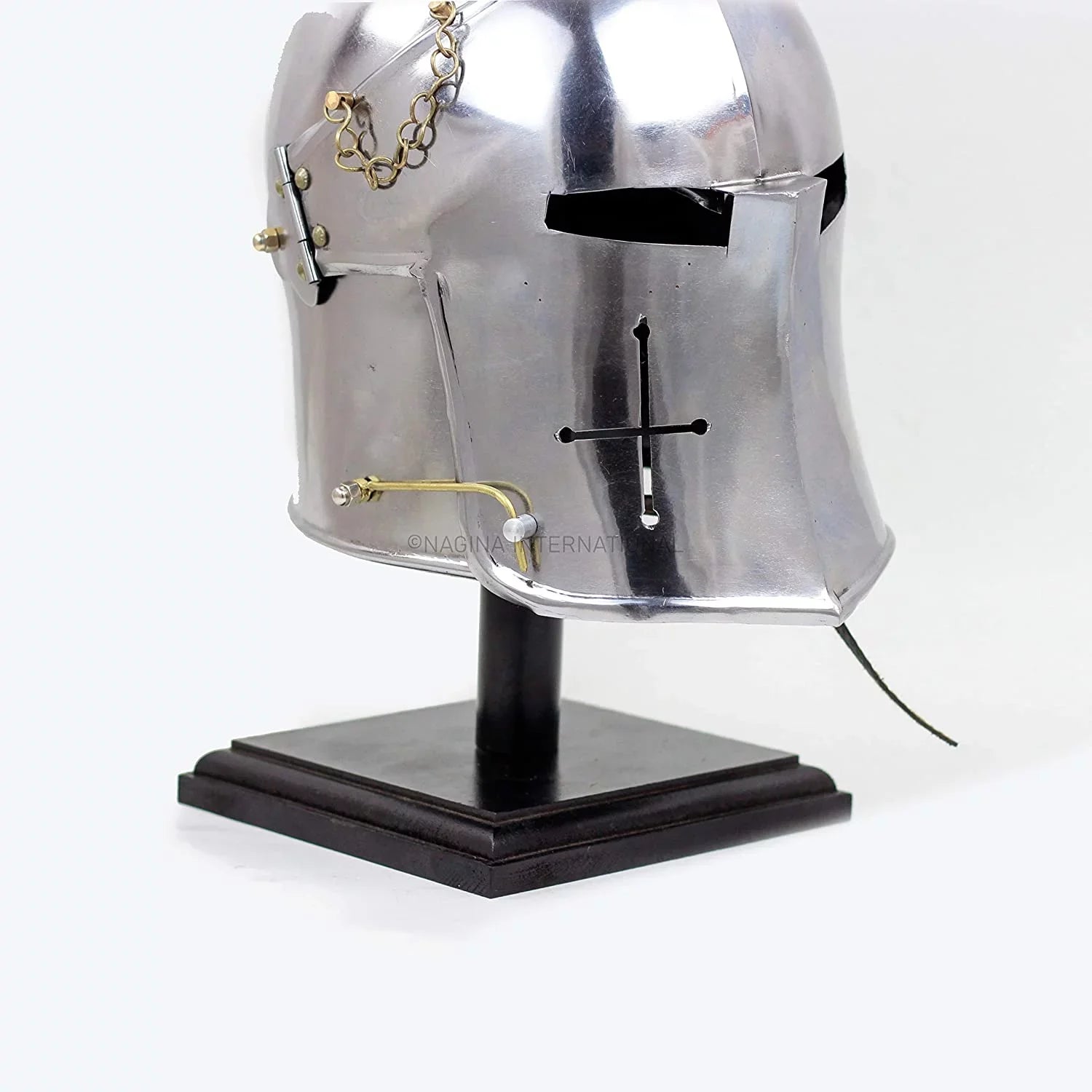 Nagina International Medieval Barbuta Visored Brushed Steel Knights Armory Templar Crusader's Helmet On Black Wooden Base | Props & Costumes Helm For Larpers