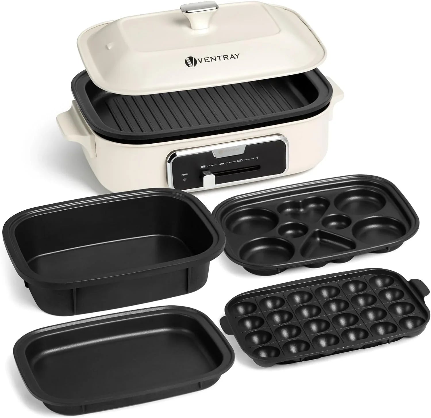 YANPO Classic Indoor Grill Set, Versatile Electric Grill Griddle Skillets Set with 5 Removable Nonstick Plates, Lid for Grilling, HotPot, BBQ, Dessert, Stir Fry, Paella Pasta Pot, Mushroom White