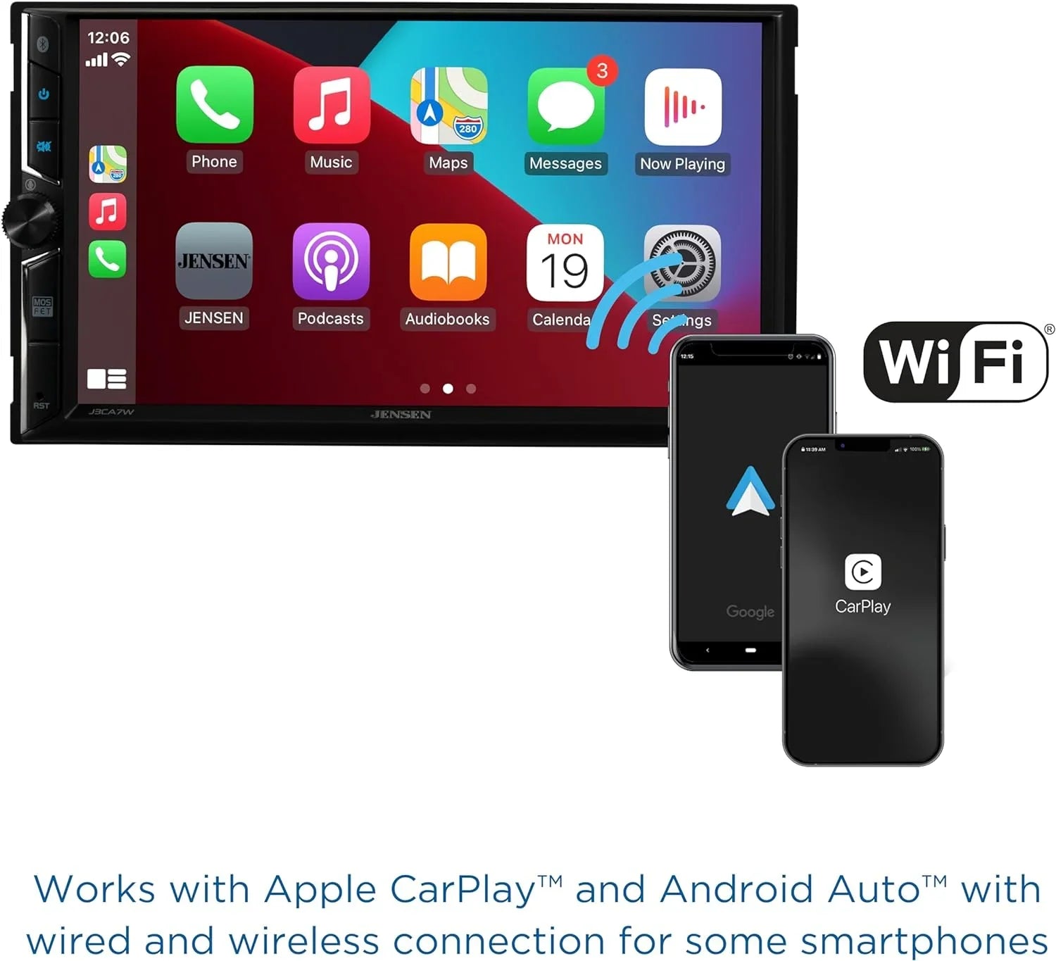 Jensen J3CA7W 7-inch Certified Apple CarPlay Android Auto, Wired or Wireless, Double DIN Car Stereo Radio, New