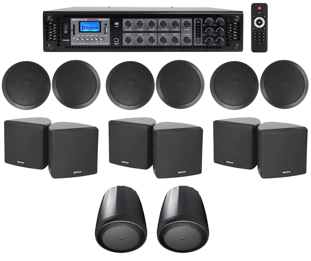 6-Zone Home Audio Receiver+(6) 3.5" Black Cube+(2) JBL Pendant+Ceiling Speakers
