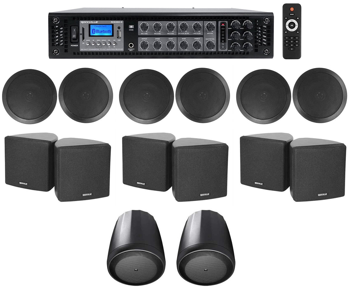 6-Zone Home Audio Receiver+(6) 3.5" Black Cube+(2) JBL Pendant+Ceiling Speakers