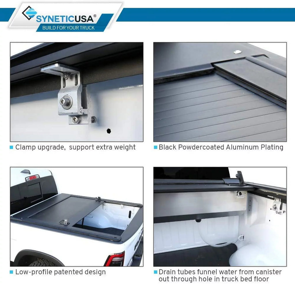 Syneticusa Retractable Hard Tonneau Cover with Cross Bars Fits 2019-2022 Ram 1500 5'7" (67.4”) Bed Matte Black Aluminum Low Profile Waterproof Off Road