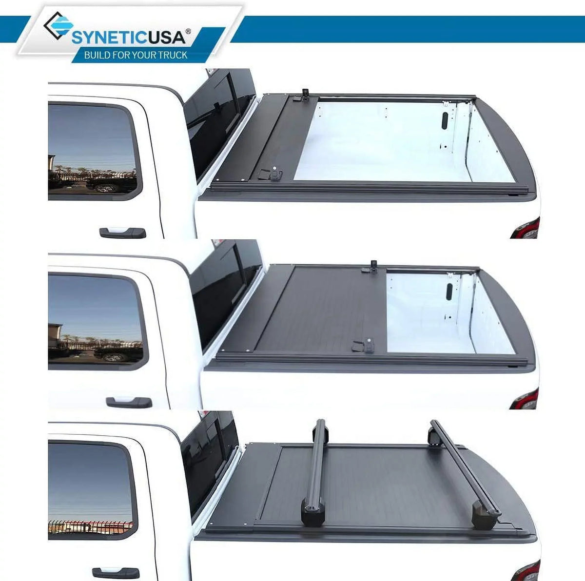 Syneticusa Retractable Hard Tonneau Cover with Cross Bars Fits 2019-2022 Ram 1500 5'7" (67.4”) Bed Matte Black Aluminum Low Profile Waterproof Off Road